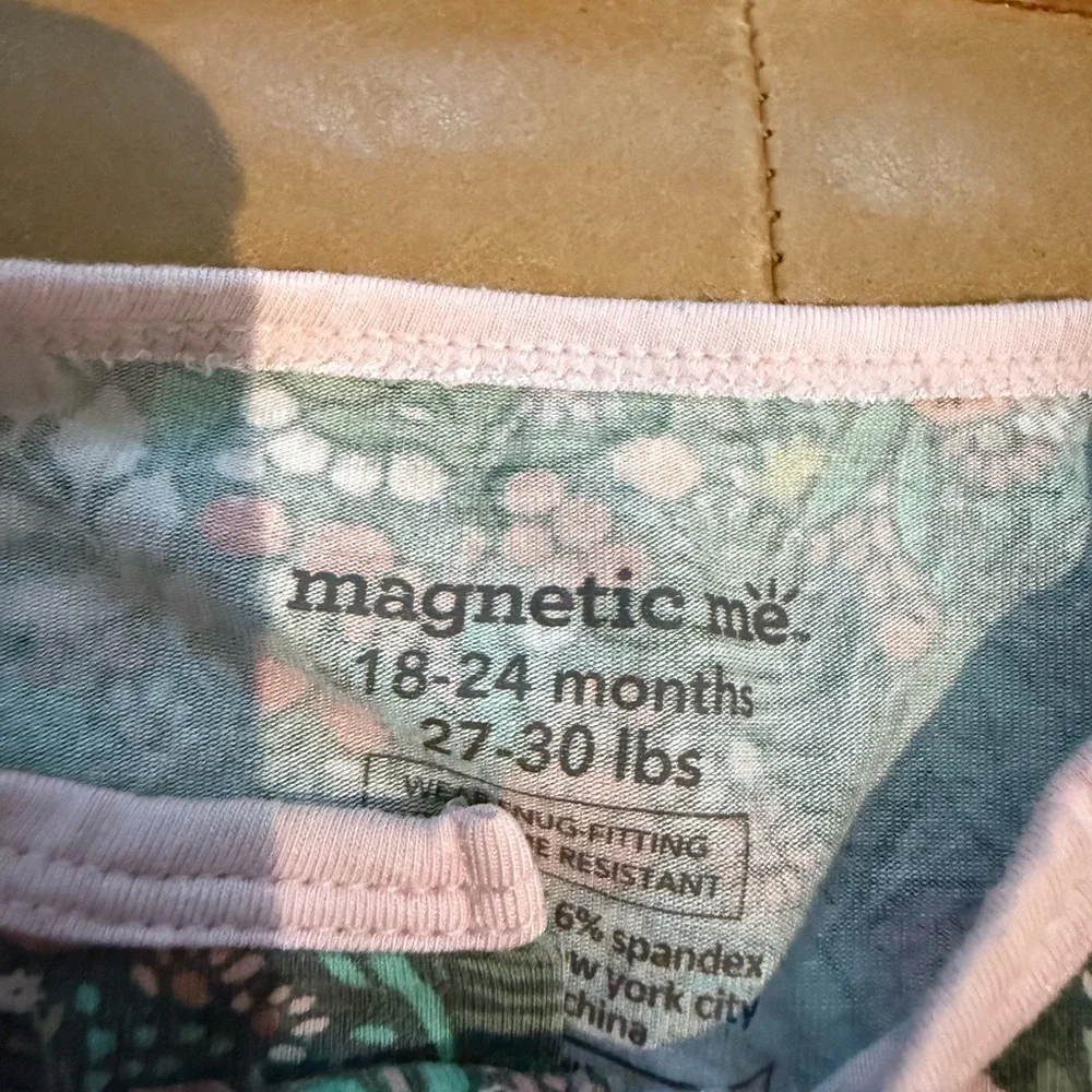 Magnetic Me Green Floral One-Piece Footed Pajamas with Pink Trim